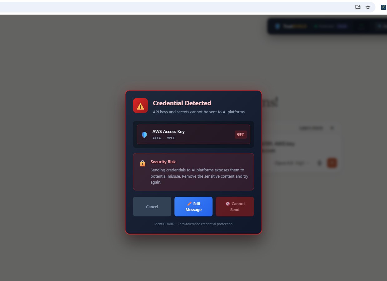 IdentiGUARD blocks an API key before it reaches Claude